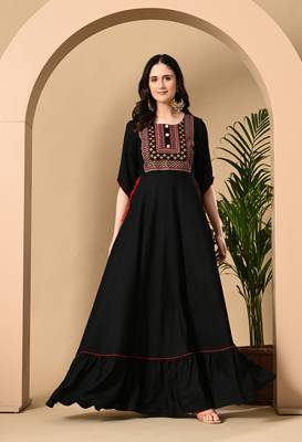 Jaipurite women's  embroidered anarkali black printed kurti in rayon ( wedding wear, women's kurti, anarkali kurti ) 3
