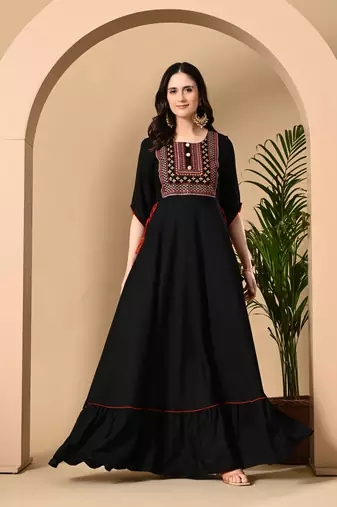 Jaipurite women's  embroidered anarkali black printed kurti in rayon ( wedding wear, women's kurti, anarkali kurti )