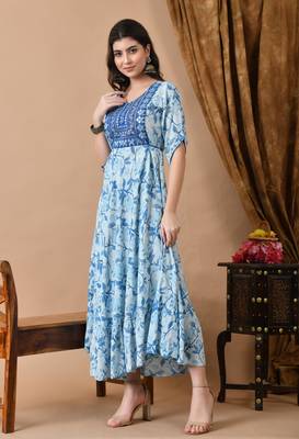 Jaipurite women's  embroidered anarkali blue printed kurti in rayon ( wedding wear, women's kurti, anarkali kurti ) 3
