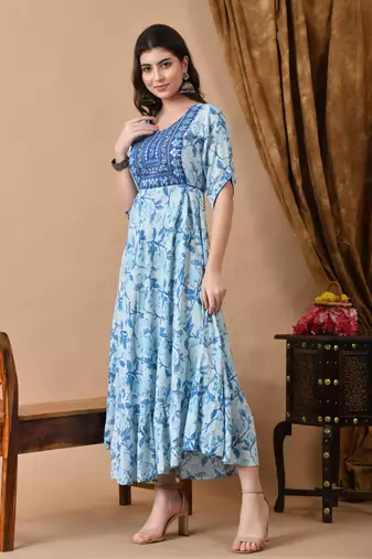 Jaipurite women's  embroidered anarkali blue printed kurti in rayon ( wedding wear, women's kurti, anarkali kurti )
