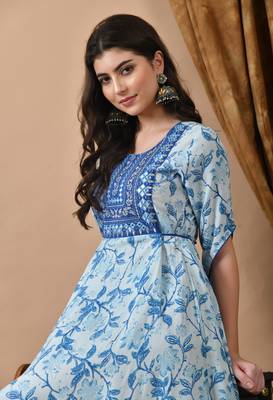 Jaipurite women's  embroidered anarkali blue printed kurti in rayon ( wedding wear, women's kurti, anarkali kurti ) 4