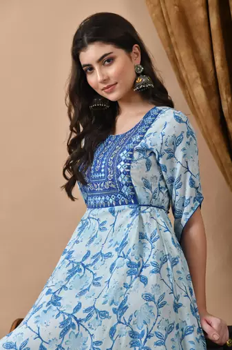Jaipurite women's  embroidered anarkali blue printed kurti in rayon ( wedding wear, women's kurti, anarkali kurti )