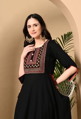 Jaipurite women's  embroidered anarkali black printed kurti in rayon ( wedding wear, women's kurti, anarkali kurti ) 4