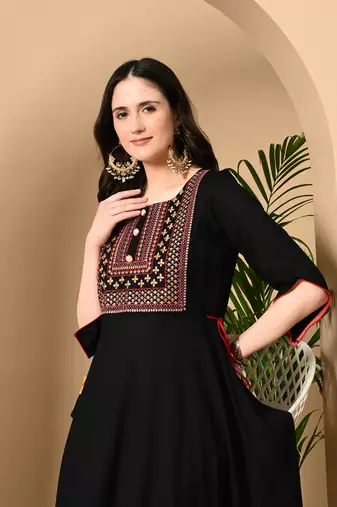 Jaipurite women's  embroidered anarkali black printed kurti in rayon ( wedding wear, women's kurti, anarkali kurti )