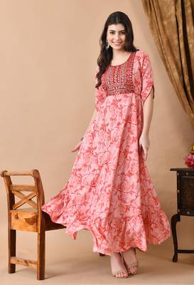 Jaipurite women's  embroidered anarkali pink printed kurti in rayon (  wedding wear, women's kurti, anarkali kurti ) 1