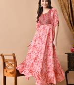 Jaipurite women's  embroidered anarkali pink printed kurti in rayon (  wedding wear, women's kurti, anarkali kurti )