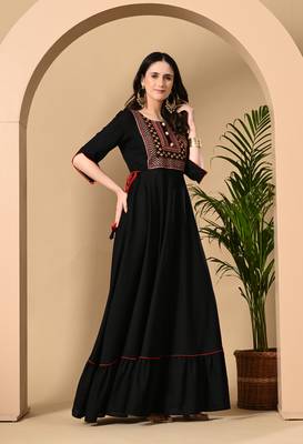 Jaipurite women's  embroidered anarkali black printed kurti in rayon ( wedding wear, women's kurti, anarkali kurti ) 5