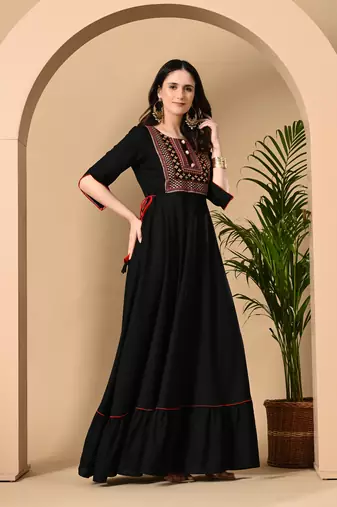 Jaipurite women's  embroidered anarkali black printed kurti in rayon ( wedding wear, women's kurti, anarkali kurti )
