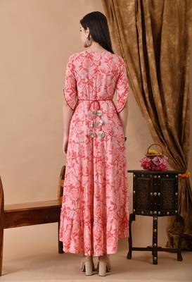 Jaipurite women's  embroidered anarkali pink printed kurti in rayon (  wedding wear, women's kurti, anarkali kurti ) 2