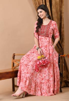 Jaipurite women's  embroidered anarkali pink printed kurti in rayon (  wedding wear, women's kurti, anarkali kurti ) 3