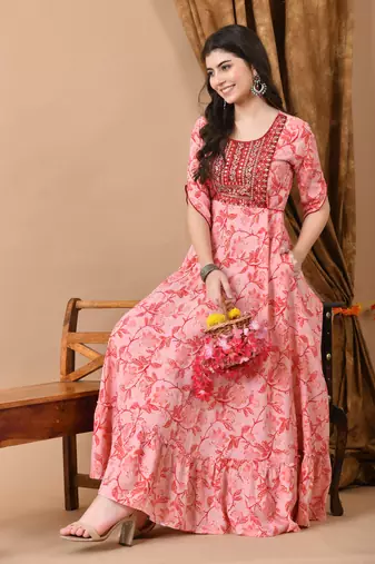 Jaipurite women's  embroidered anarkali pink printed kurti in rayon (  wedding wear, women's kurti, anarkali kurti )