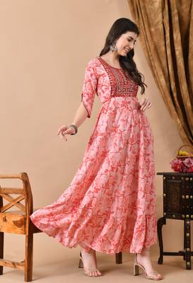 Jaipurite women's  embroidered anarkali pink printed kurti in rayon (  wedding wear, women's kurti, anarkali kurti ) 4