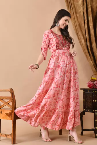 Jaipurite women's  embroidered anarkali pink printed kurti in rayon (  wedding wear, women's kurti, anarkali kurti )