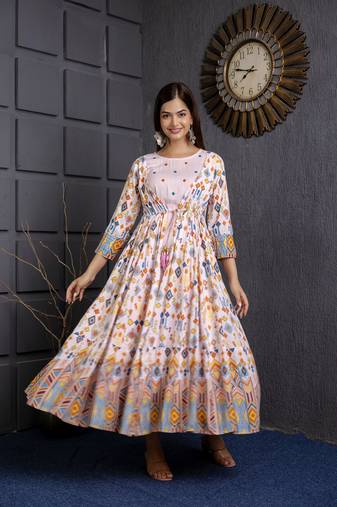 Jaipurite women's  embroidered anarkali pink printed kurti in rayon ( wedding wear, women's kurti, anarkali kurti )