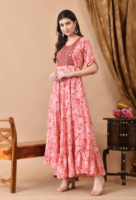Jaipurite women's  embroidered anarkali pink printed kurti in rayon (  wedding wear, women's kurti, anarkali kurti ) 5