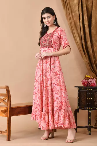 Jaipurite women's  embroidered anarkali pink printed kurti in rayon (  wedding wear, women's kurti, anarkali kurti )