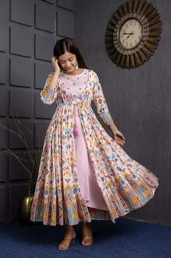 Jaipurite women's  embroidered anarkali pink printed kurti in rayon ( wedding wear, women's kurti, anarkali kurti )