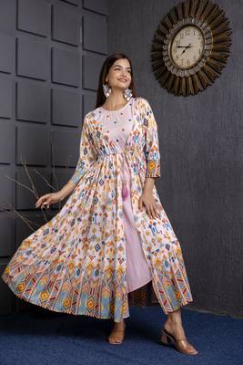 Jaipurite women's  embroidered anarkali pink printed kurti in rayon ( wedding wear, women's kurti, anarkali kurti ) 4