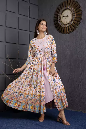 Jaipurite women's  embroidered anarkali pink printed kurti in rayon ( wedding wear, women's kurti, anarkali kurti )