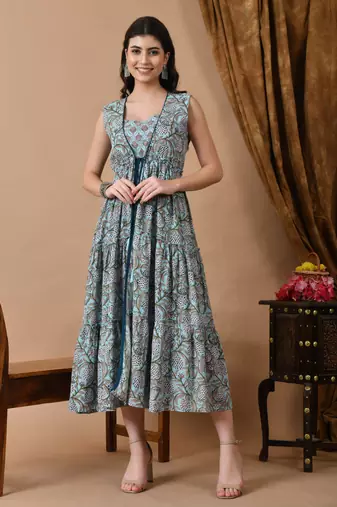 Jaipurite women's sleeveless embroidered anarkali light blue printed kurti in rayon ( party wear, anarkali kurti )