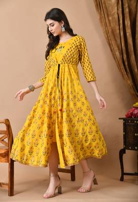 Jaipurite women's embroidered anarkali yellow printed kurti in rayon ( wedding wear, women's kurti, anarkali kurti ) 1