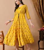 Jaipurite women's embroidered anarkali yellow printed kurti in rayon ( wedding wear, women's kurti, anarkali kurti )