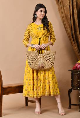 Jaipurite women's embroidered anarkali yellow printed kurti in rayon ( wedding wear, women's kurti, anarkali kurti ) 3