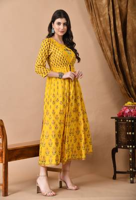 Jaipurite women's embroidered anarkali yellow printed kurti in rayon ( wedding wear, women's kurti, anarkali kurti ) 5