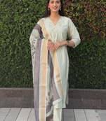 Roman silk pure hand work stitched kurta pant dupatta set 