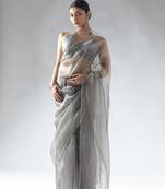 ready to wear grey organza border cut and stone work saree with unstitch blouse