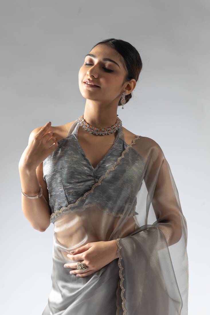 ready to wear grey organza border cut and stone work saree with unstitch blouse