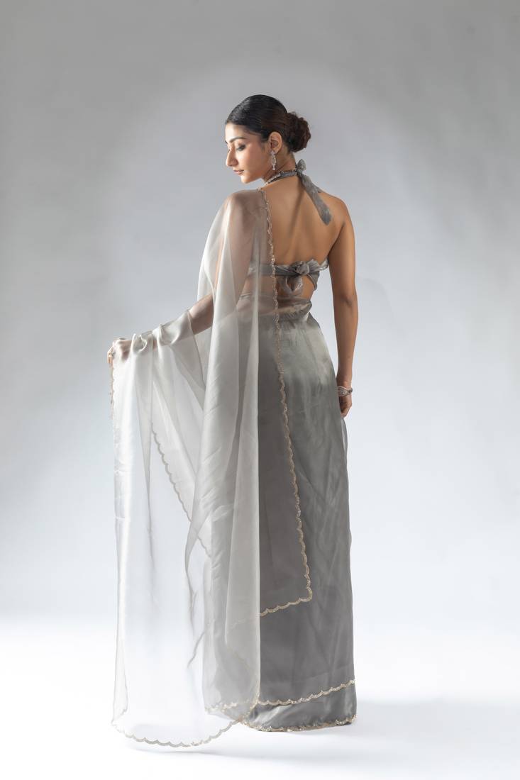 ready to wear grey organza border cut and stone work saree with unstitch blouse