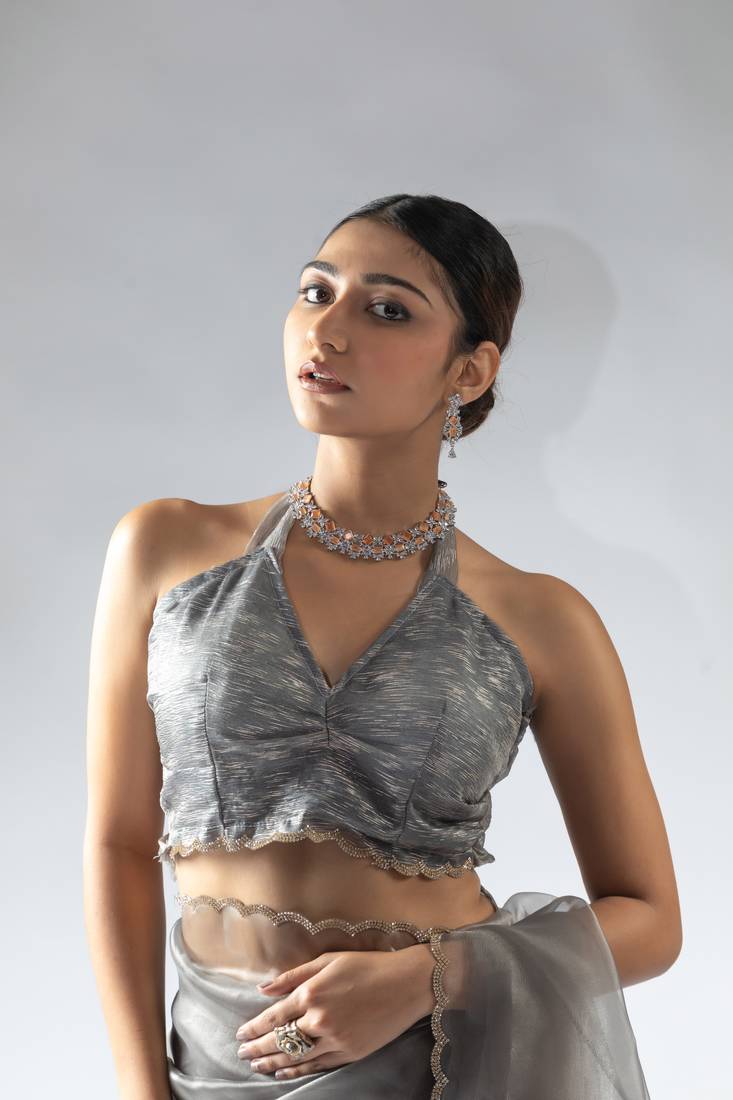 ready to wear grey organza border cut and stone work saree with unstitch blouse