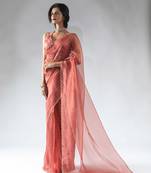 ready to wear peach organza border cut and stone work saree with unstitch blouse