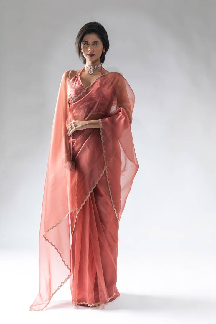ready to wear peach organza border cut and stone work saree with unstitch blouse