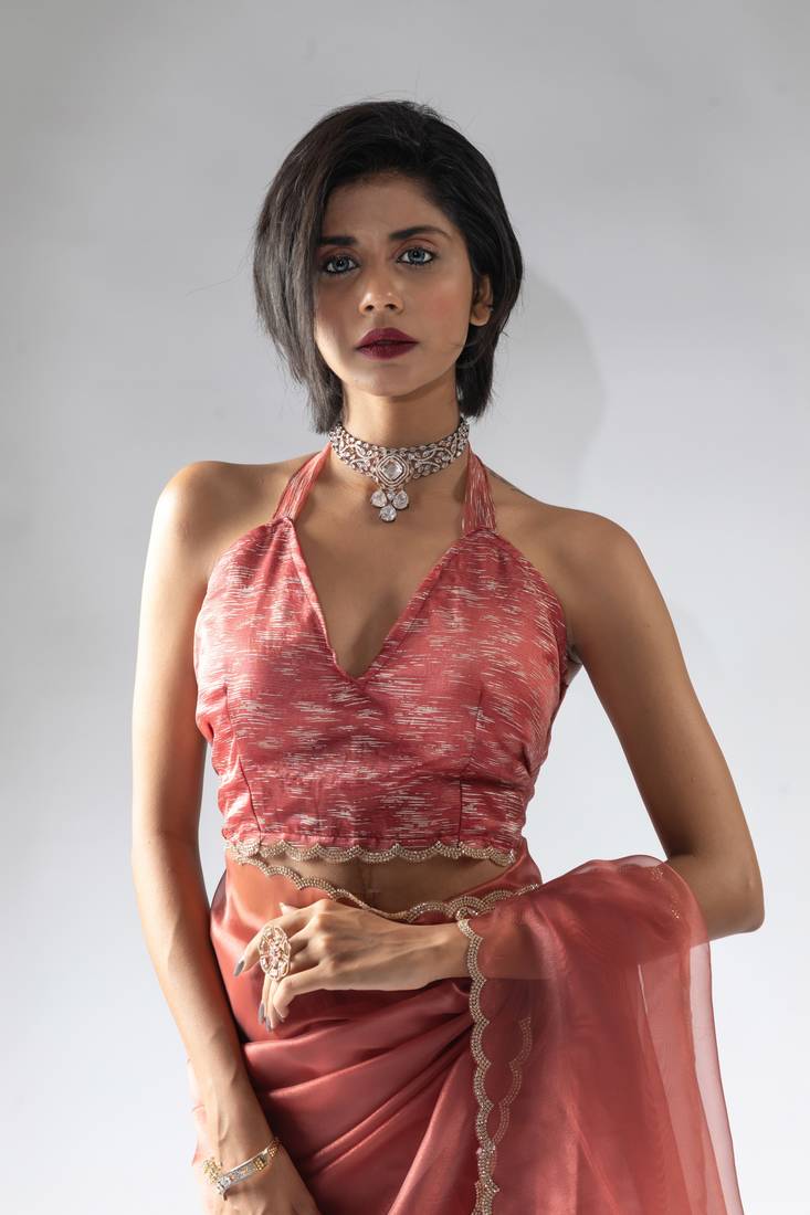 ready to wear peach organza border cut and stone work saree with unstitch blouse