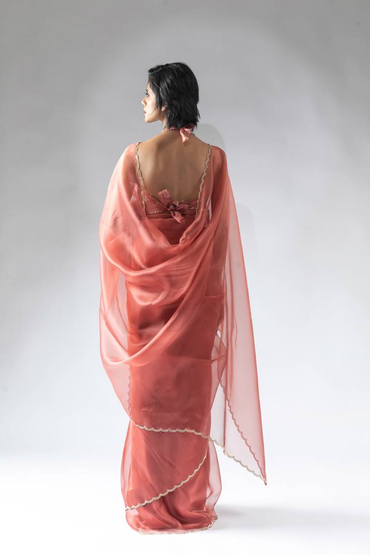 ready to wear peach organza border cut and stone work saree with unstitch blouse