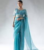 ready to wear blue organza border cut and stone work saree with unstitch blouse