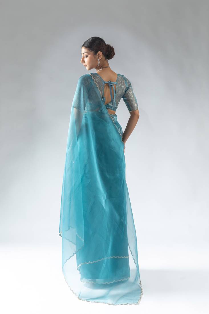 ready to wear blue organza border cut and stone work saree with unstitch blouse