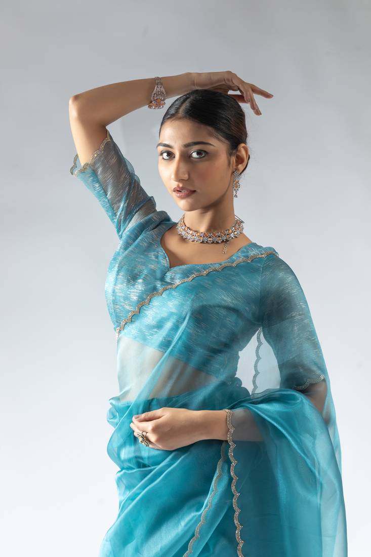 ready to wear blue organza border cut and stone work saree with unstitch blouse
