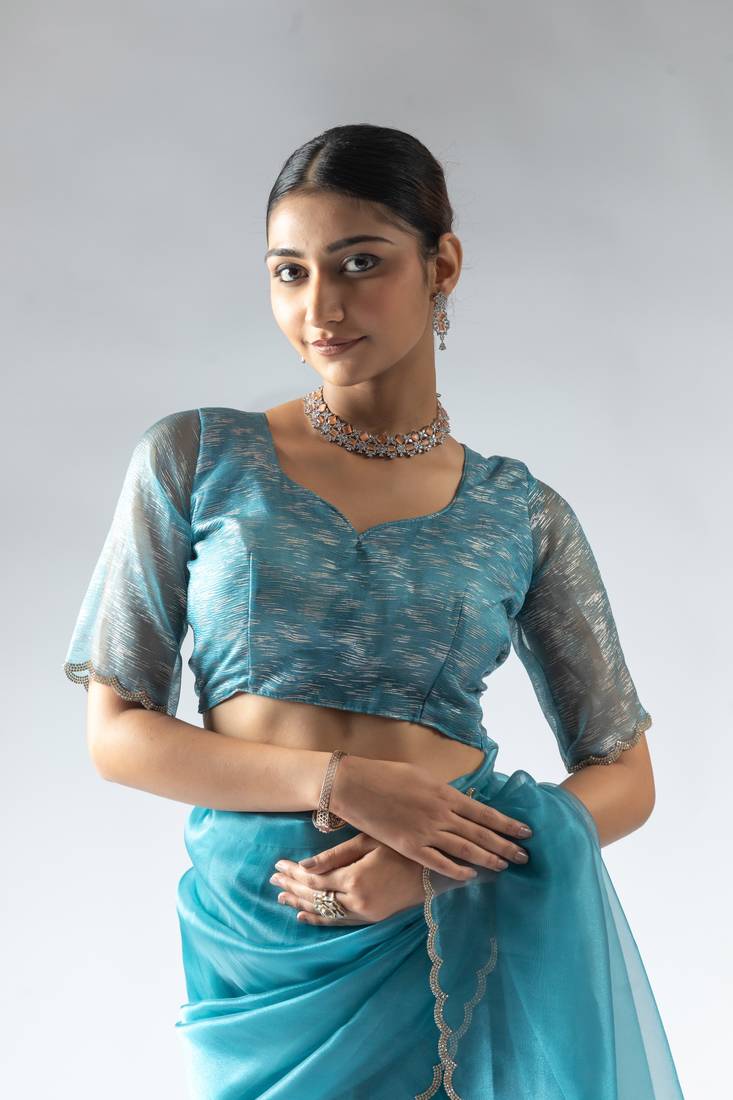ready to wear blue organza border cut and stone work saree with unstitch blouse