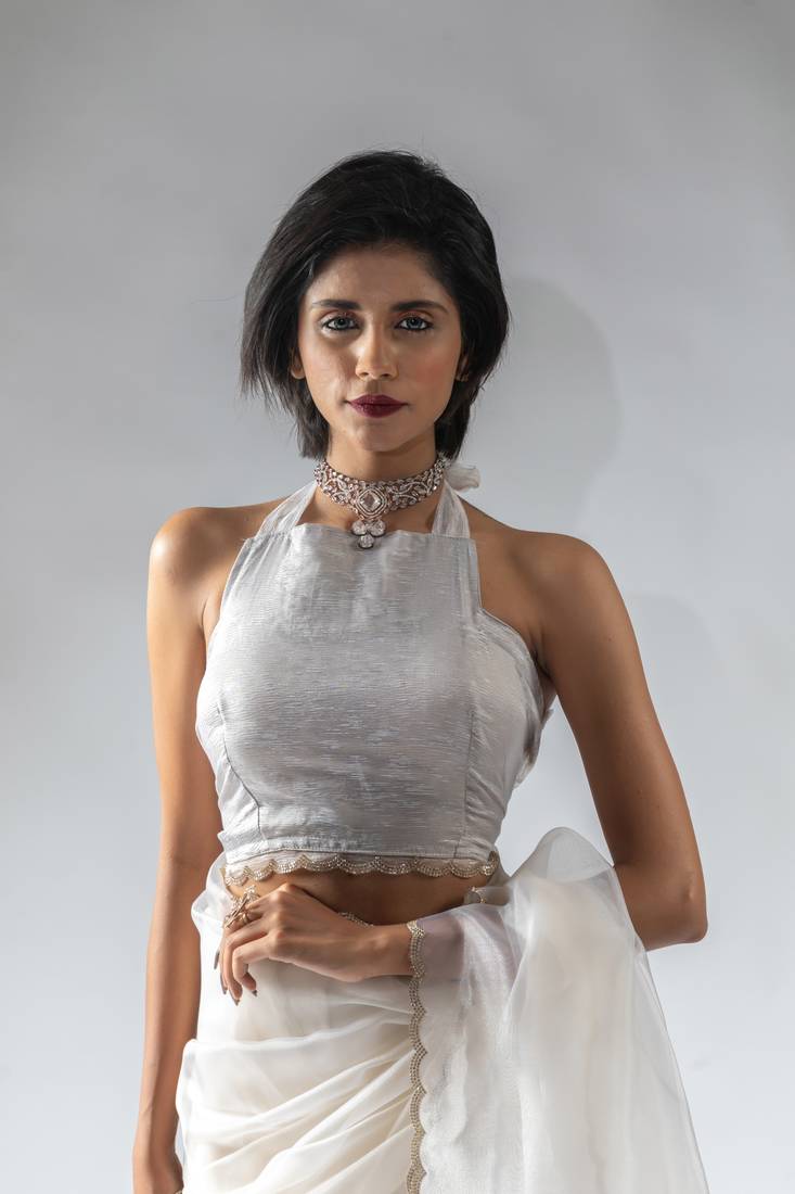 ready to wear offwhite organza border cut and stone work saree with unstitch blouse