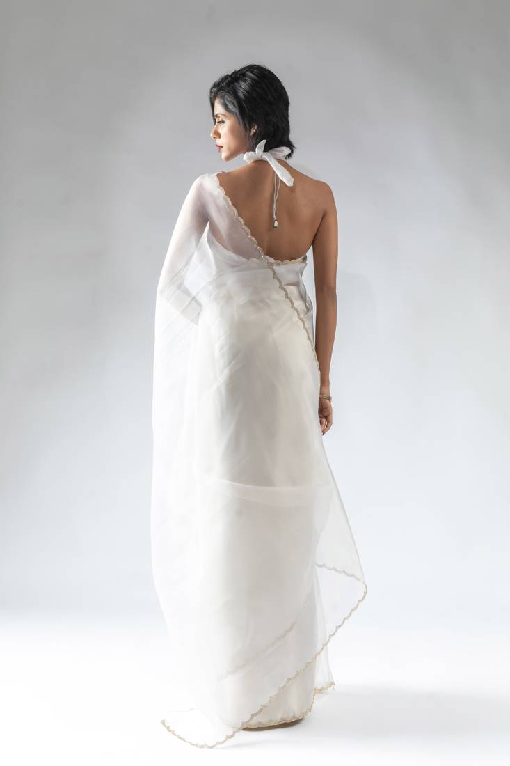 ready to wear offwhite organza border cut and stone work saree with unstitch blouse