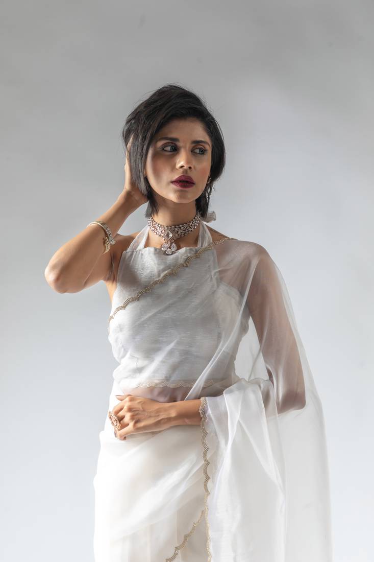 ready to wear offwhite organza border cut and stone work saree with unstitch blouse