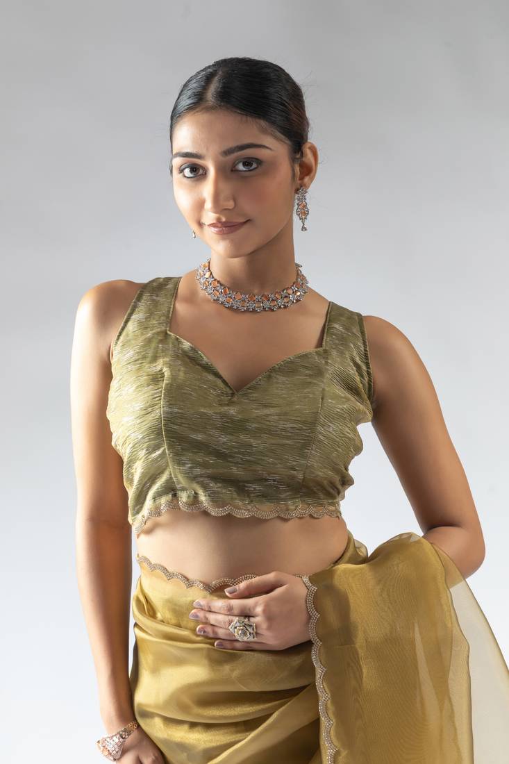 ready to wear mustard organza border cut and stone work saree with unstitch blouse