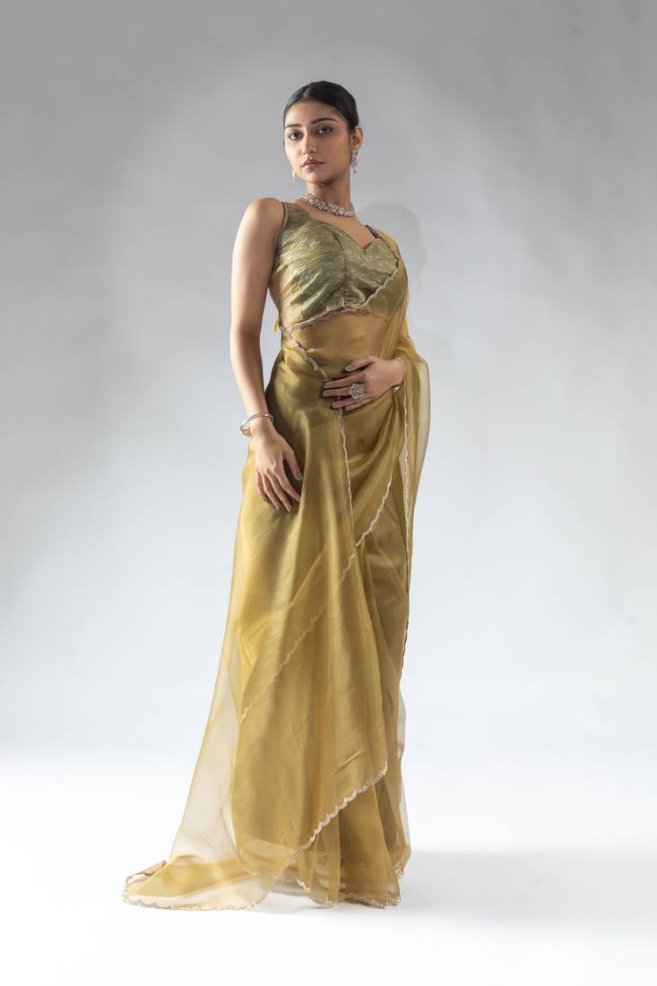 ready to wear mustard organza border cut and stone work saree with unstitch blouse