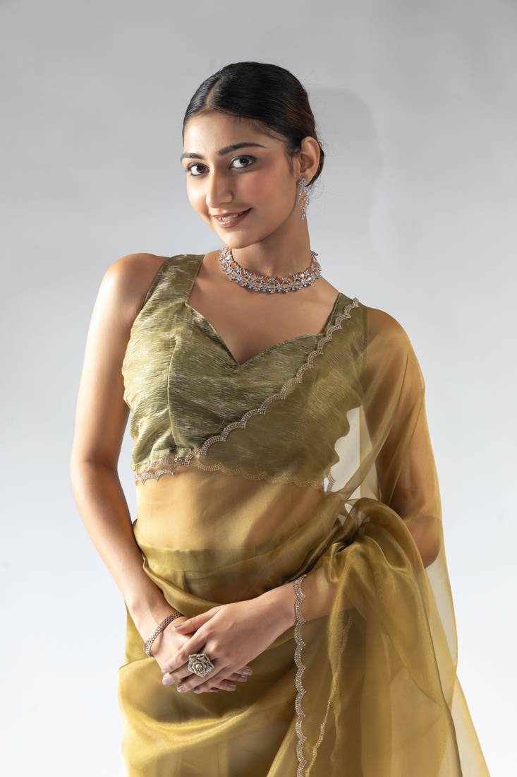 ready to wear mustard organza border cut and stone work saree with unstitch blouse