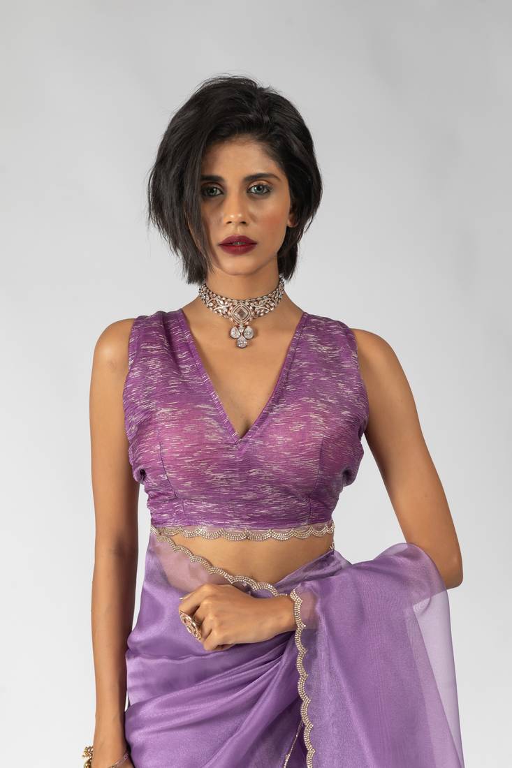 ready to wear lavender organza border cut and stone work saree with unstitch blouse