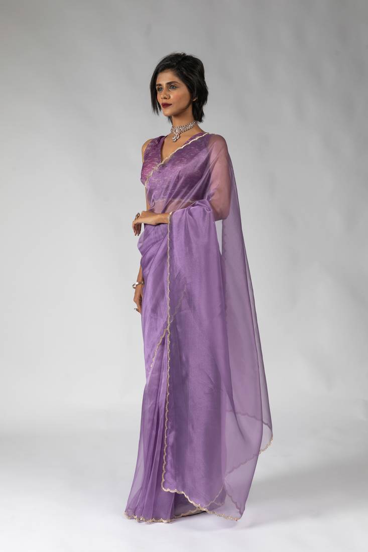 ready to wear lavender organza border cut and stone work saree with unstitch blouse