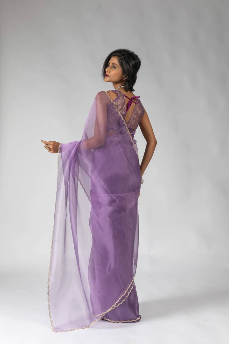 ready to wear lavender organza border cut and stone work saree with unstitch blouse